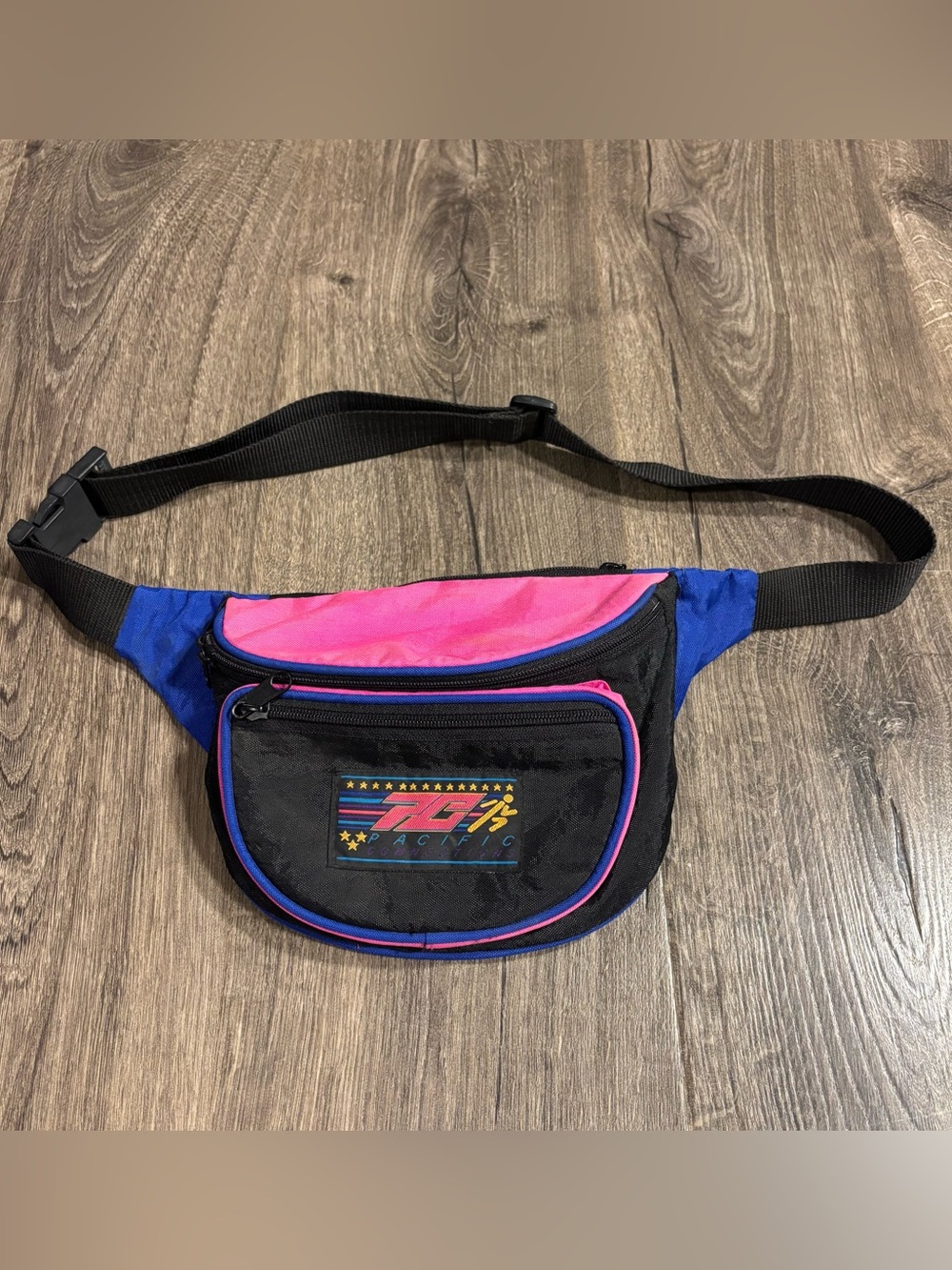 Vintage 90s Fanny Pack Pacific Sport Blue Pink Waist Nylon 3 Zip Pockets